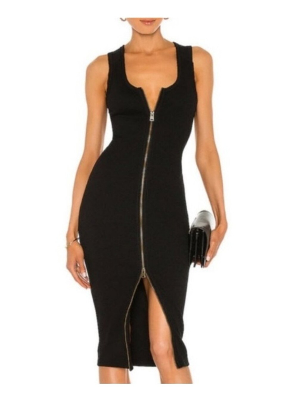 All Saints Black Zip-Front Bodycon Midi Dress